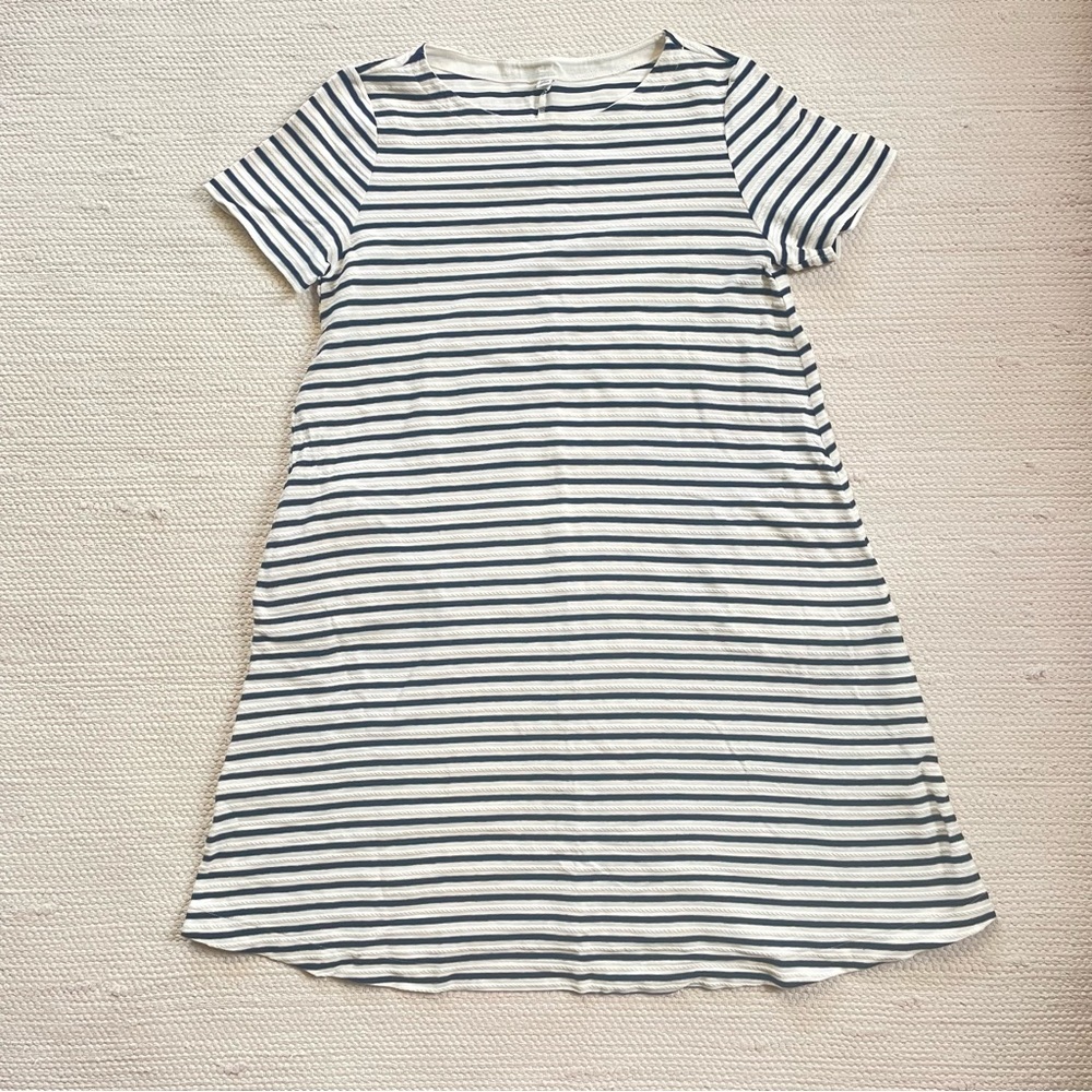 Uniqlo A-Line White Navy Striped Cotton Crew Neck Short Sleeves Shift Dress XS